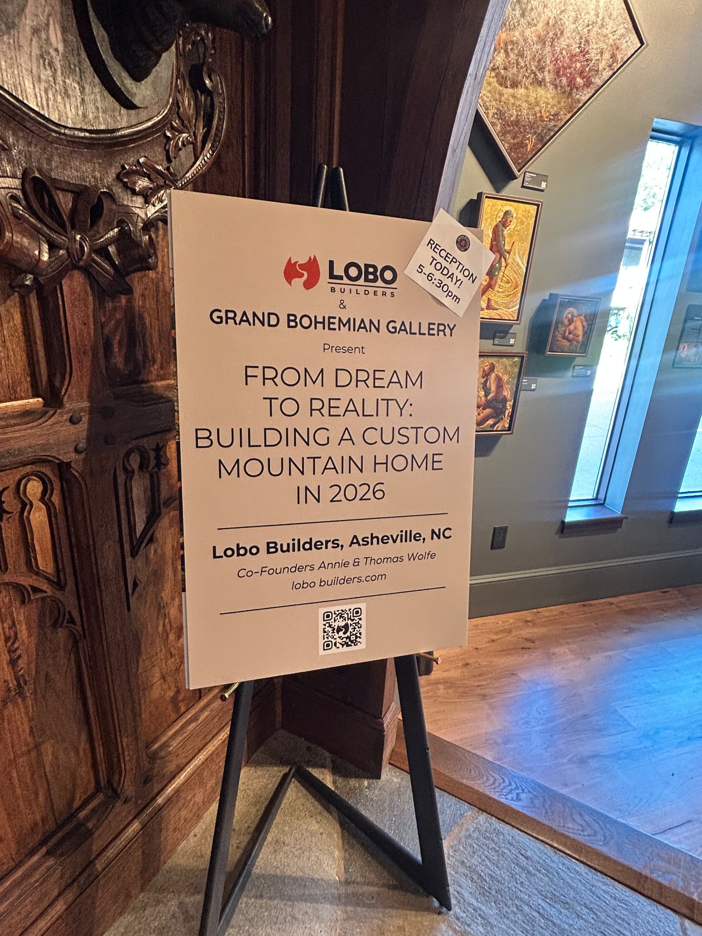 Event signage for a builder and gallery speaking engagement