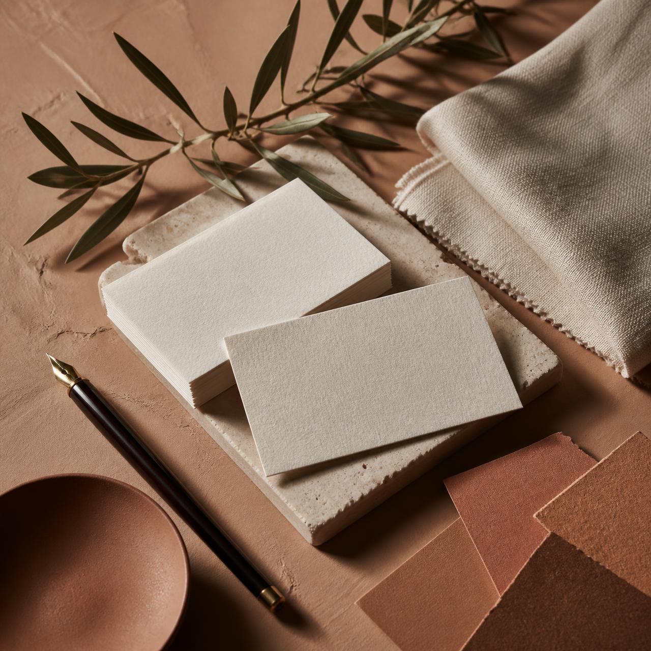 Letterpress cards, linen, and terracotta paper swatches on a studio table